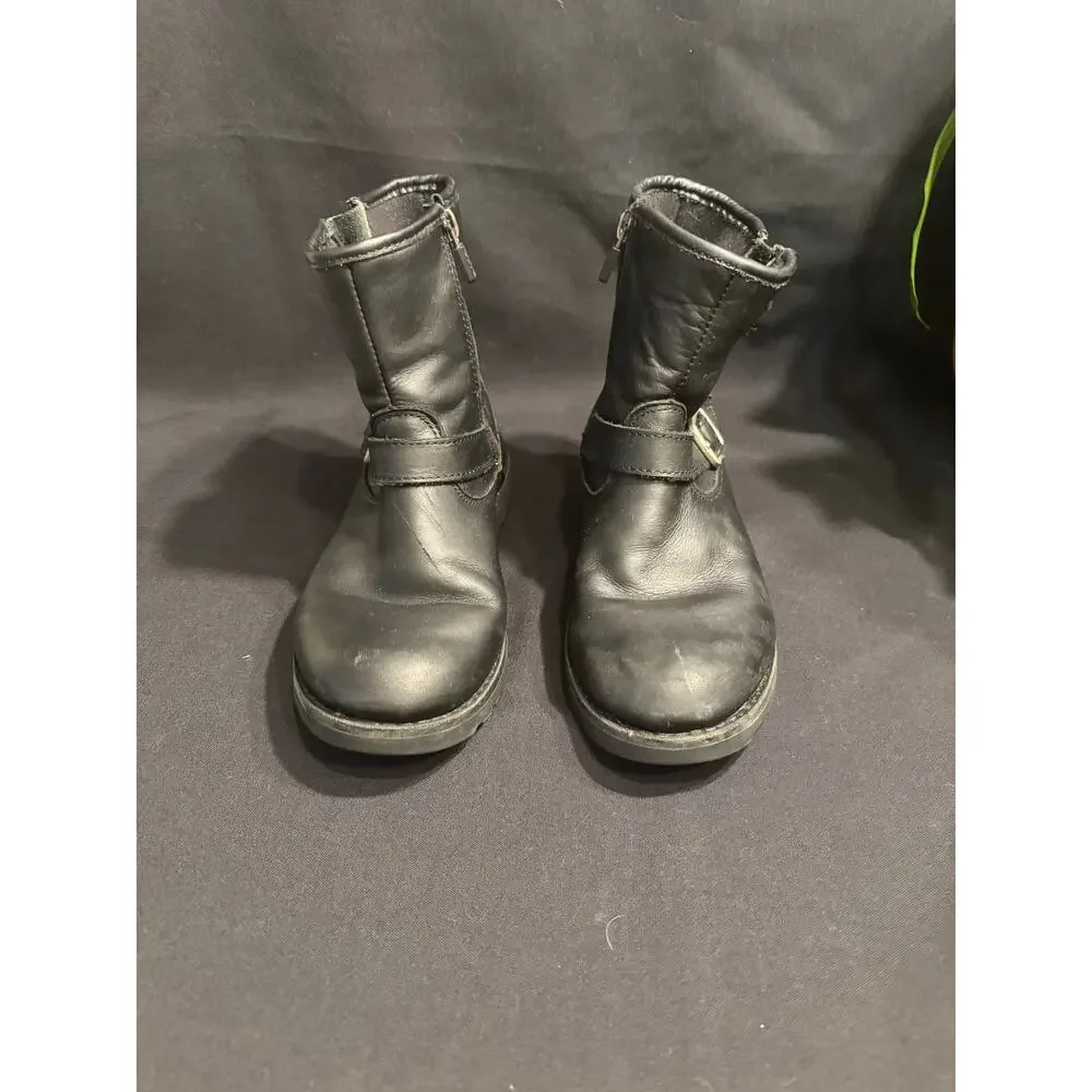 Girl’s Kids Youth UGG Kinzey Black Leather Moto Zip Buckle Boots, size 3 EUC